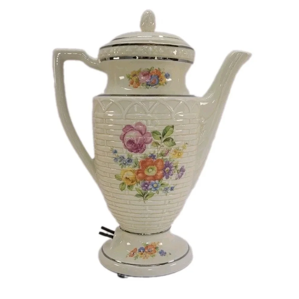 Vtg 30s-40s PORCELIER Basketweave Floral Electric Coffee Percolator No Cord READ